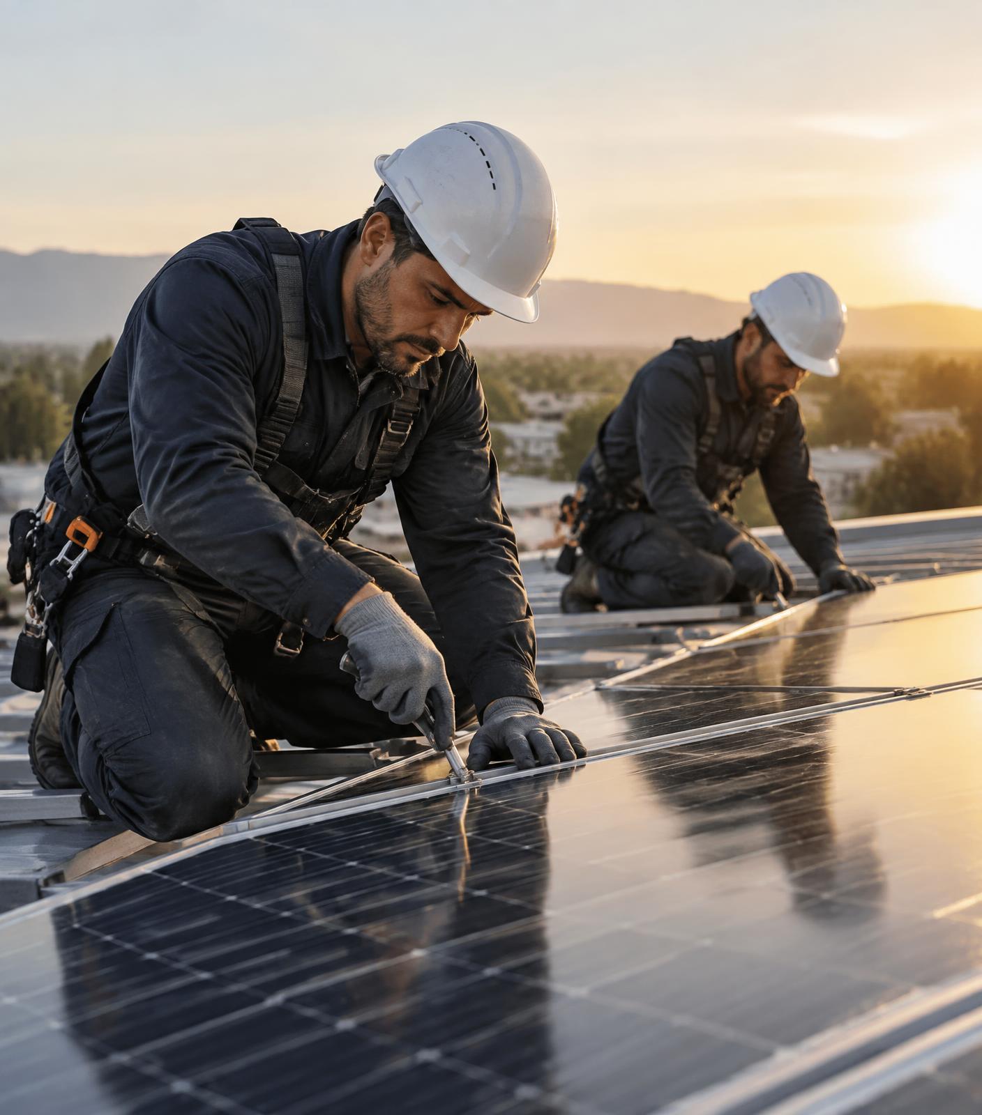 Equipe técnica instalando painéis solares em um telhado
