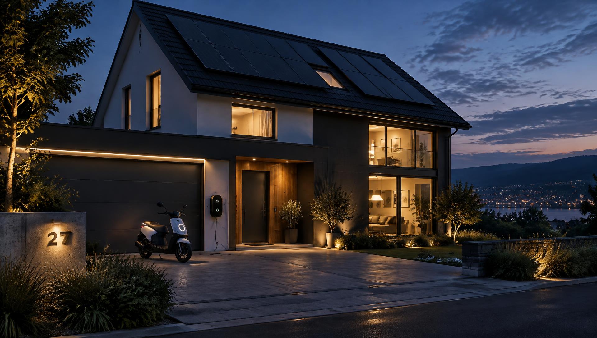 Casa moderna com energia solar, iluminação e scooter elétrica carregando