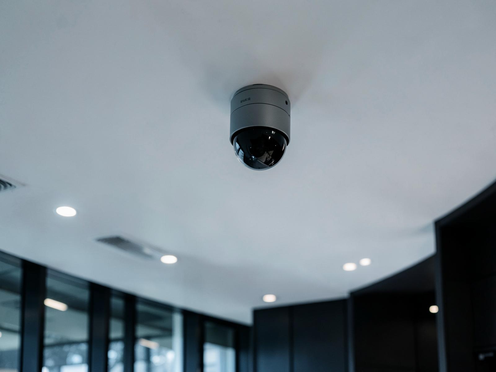 Câmera dome instalada no teto de um ambiente corporativo