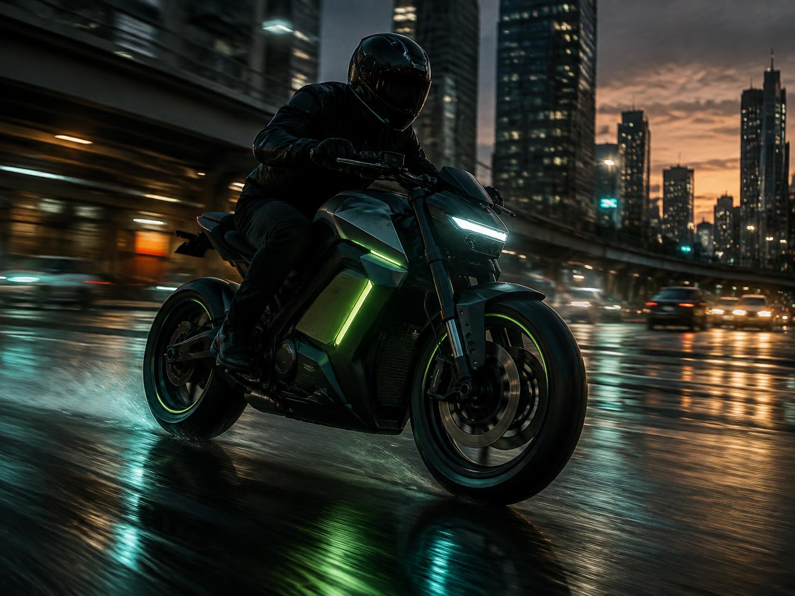 Moto elétrica moderna em movimento em avenida urbana ao anoitecer