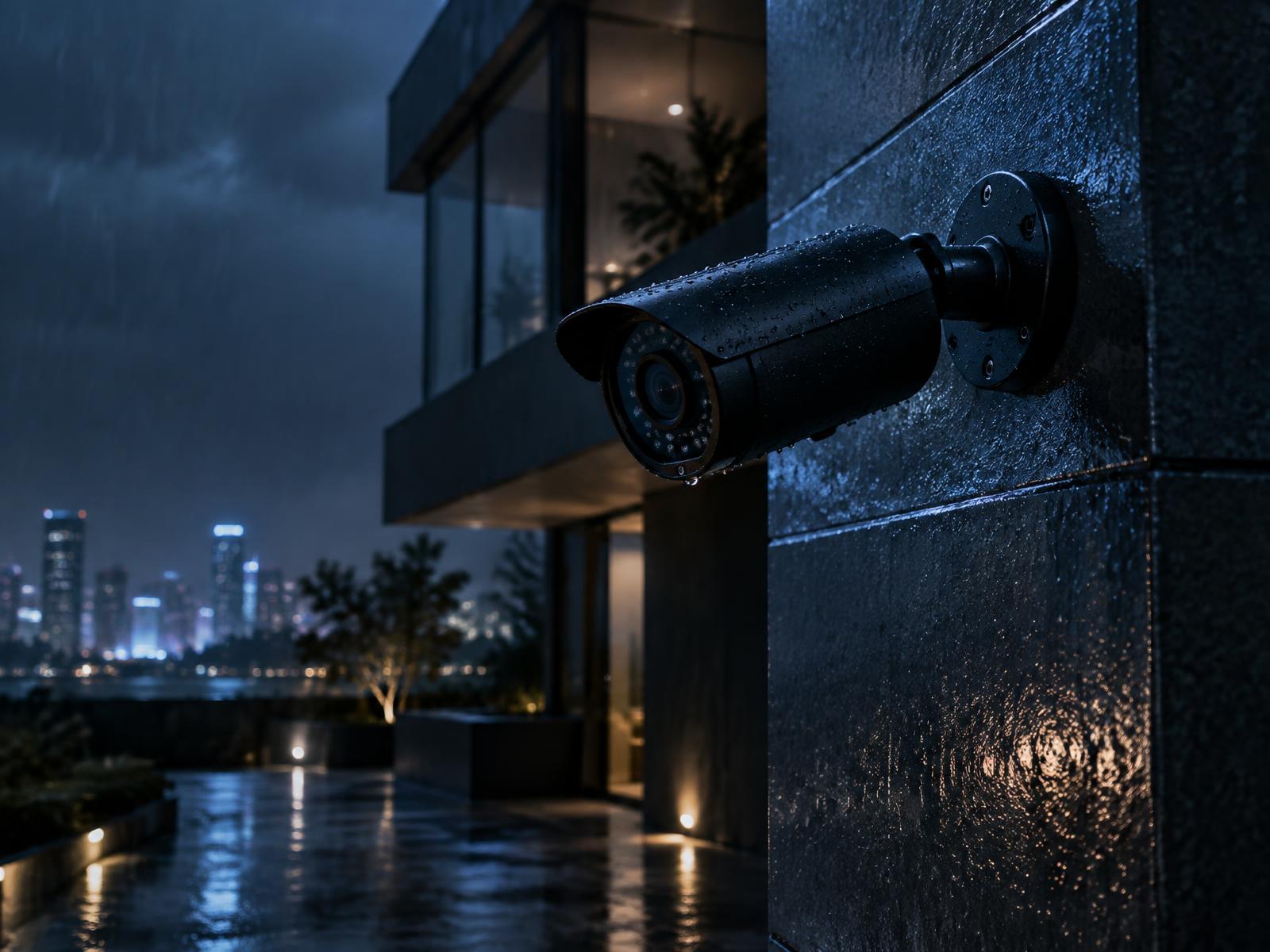 Câmera de segurança instalada na fachada de um edifício moderno à noite
