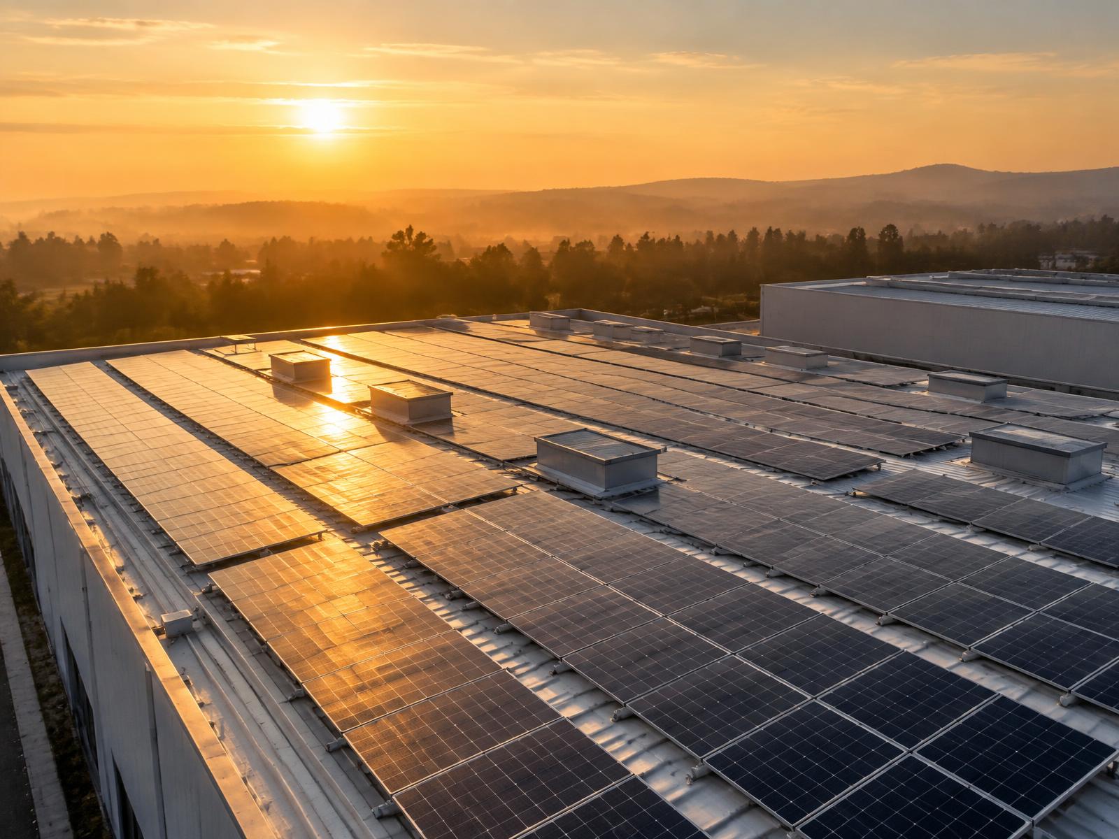 Instalação de painéis solares em telhado de edifício ao amanhecer
